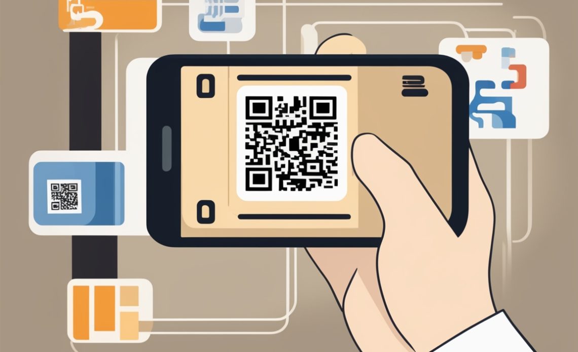 visually appealing graphic that showcases a QR code being scanned by a smartphone, ideally in a retail or payment context.